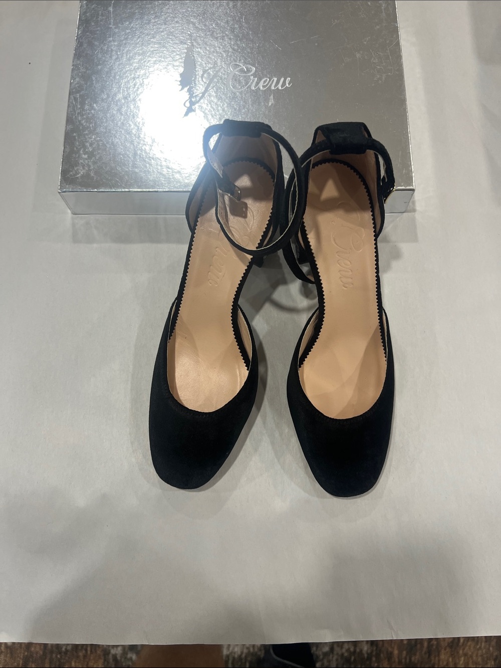 J. Crew Black Suede Ankle-Strap Pumps with Round Toe